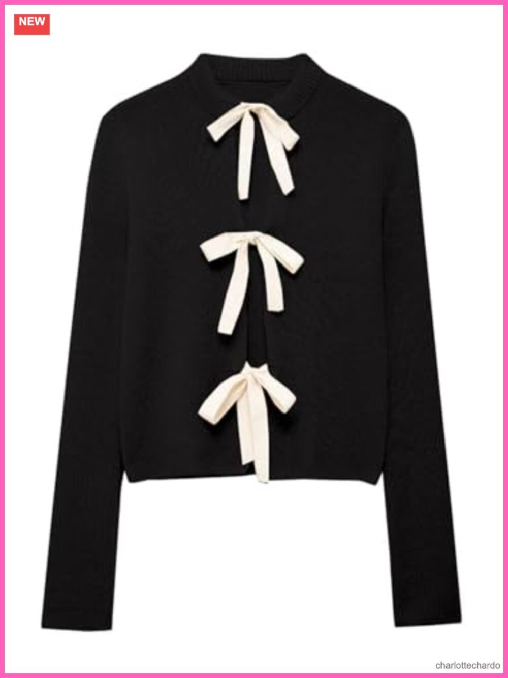 Bow Tie Front Cardigan Crewneck Long Sleeve Ribbed Knit Women's Sweater